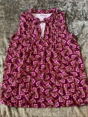 LOFT Plum Floral Ruffle-Trim V-Neck Blouse